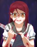  1girl :d aura bangs blood blood_on_face bloody_clothes bloody_hands bloody_knife breasts brown_hair collarbone commentary_request dark_aura eyebrows_visible_through_hair hair_between_eyes hair_ornament hairclip highres holding holding_knife kannazuki_kenji kitchen_knife knife long_hair looking_at_viewer love_live! love_live!_sunshine!! medium_breasts neckerchief necktie necktie_grab neckwear_grab open_mouth redhead sakurauchi_riko school_uniform serafuku shaded_face shirt short_sleeves smile solo_focus striped striped_necktie swept_bangs upper_body white_shirt yandere 