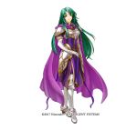  1girl boots breastplate cape cecilia_(fire_emblem) closed_mouth company_name female fire_emblem fire_emblem:_fuuin_no_tsurugi full_body gloves green_eyes green_hair kita_senri long_hair looking_at_viewer official_art purple_cape simple_background solo standing white_background 