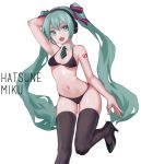  1girl arm_up bikini black_bikini black_legwear black_shoes cancell character_name collar fang green_eyes green_hair hair_ornament hatsune_miku headphones high_heels long_hair navel necktie open_mouth shoes simple_background solo swimsuit tattoo thigh-highs twintails very_long_hair vocaloid white_background 