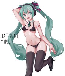  1girl arm_up bikini black_bikini black_legwear black_shoes cancell character_name collar fang green_eyes green_hair hair_ornament hatsune_miku headphones high_heels long_hair navel necktie open_mouth shoes simple_background solo swimsuit tattoo thigh-highs twintails very_long_hair vocaloid white_background 