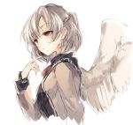  1girl bangs blush closed_mouth expressionless from_side half-closed_eyes half_updo hisona_(suaritesumi) jacket kishin_sagume long_sleeves looking_away open_clothes open_jacket red_eyes short_hair silver_hair single_wing solo touhou upper_body white_wings wings 