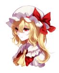  1girl absurdres ascot blonde_hair bow closed_mouth expressionless fang flandre_scarlet frilled_shirt_collar frills from_side hair_between_eyes hat hat_bow highres looking_away mob_cap pale_skin portrait red_bow red_eyes sheya side_ponytail solo touhou 