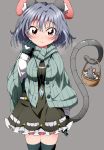  1girl animal_ears black_legwear blush bwell cradle dress extra_ears gloves grey_hair hand_on_own_face highres jewelry looking_at_viewer mouse mouse_ears mouse_tail nazrin pendant red_eyes ribbed_sweater solo sweater tail thigh-highs touhou winter_clothes zettai_ryouiki 