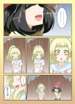  ... 2girls black_hair blonde_hair blush braid cave comic female_protagonist_(pokemon_sm) french_braid green_eyes grin hat high_ponytail highres lillie_(pokemon) long_hair matsuoka_michihiro multiple_girls open_mouth pokemon pokemon_(game) pokemon_sm rain red_hat short_hair smile spoken_ellipsis translation_request 