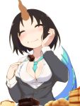  1girl ^_^ between_breasts black_hair blush breasts cake cleavage closed_eyes dragon_girl dragon_tail eating elma_(maidragon) food fork highres horn kobayashi-san_chi_no_maidragon medium_breasts necktie short_hair simple_background solo tail takeda_yukimura tears wavy_mouth white_background 