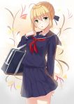  1girl :o ahoge arm_behind_back bag black_serafuku blonde_hair capsule_servant commentary_request fate_(series) floral_background green_eyes highres looking_at_viewer master_artoria pleated_skirt saber school_bag school_uniform serafuku short_hair skirt solo uniform unscpro upper_body 