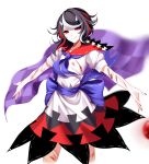  1girl absurdres arms_at_sides bangs black_hair blood blood_stain closed_mouth cowboy_shot cuts directional_arrow dress highres horns injury kijin_seija multicolored_hair neckerchief puffy_short_sleeves puffy_sleeves red_eyes redhead sash sheya short_sleeves smile solo streaked_hair touhou white_hair 