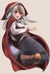  1girl animal_ears ass back beige_background blush boots brown_hair fire_emblem fire_emblem_if fuussu_(21-kazin) grey_hair highres hood hoodie long_hair multicolored_hair open_mouth red_eyes simple_background solo tail two-tone_hair velour_(fire_emblem_if) wolf_ears wolf_tail 