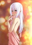 1girl ass backless_outfit bare_back butt_crack fate/stay_night fate_(series) female_ass from_side halterneck highres illyasviel_von_einzbern long_hair looking_at_viewer no_bra no_panties red_eyes silver_hair smile solo standing tawagoto_dukai_no_deshi virgin_killer_sweater
