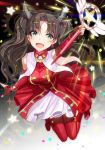  1girl brown_hair detached_sleeves earrings fate/kaleid_liner_prisma_illya fate_(series) green_eyes hair_ribbon happy jewelry kaleido_ruby long_hair magical_girl magical_ruby mingou91 open_mouth red_legwear ribbon solo thigh-highs tohsaka_rin toosaka_rin twintails wand 