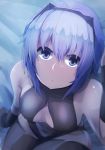  1girl :&lt; assassin_(fate/prototype_fragments) bangs bare_shoulders black_gloves black_legwear blurry blush breasts dark_skin depth_of_field fate/prototype fate/prototype:_fragments_of_blue_and_silver fate_(series) gloves hairband highres looking_at_viewer medium_breasts navel purple_hair short_hair solo violet_eyes wadakazu 