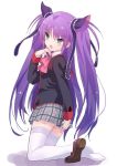  1girl asami_yuriko blue_eyes bow from_behind full_body kneeling little_busters!! long_hair looking_at_viewer looking_back pink_bow plaid plaid_skirt purple_hair purple_legwear sasasegawa_sasami school_uniform single_shoe skirt solo thigh-highs twintails white_background 