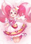  1girl :d animal_ears boots cure_whip extra_ears gloves hair_ornament highres kirakira_precure_a_la_mode long_hair looking_at_viewer magical_girl momoshiki_tsubaki open_mouth pink_background pink_boots pink_eyes pink_hair precure rabbit_ears skirt smile solo twintails usami_ichika white_gloves 