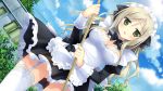  1girl :o blood breasts broom character_request cleavage copyright_request dutch_angle game_cg garter_straps gluteal_fold green_eyes highres holding holding_broom lace lace-trimmed_thighhighs long_hair long_sleeves maid maid_headdress outdoors skirt solo thigh-highs white_legwear 