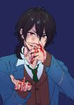  1boy angry black_hair blood blood_on_face bloody_clothes bloody_hands blue_background bruise_on_face cardigan ensemble_stars! green_necktie hiwakana6121 male_focus necktie nosebleed red_eyes sakuma_rei_(ensemble_stars!) school_uniform shaded_face simple_background solo wavy_hair wing_collar 