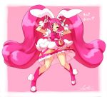  1girl ;q animal_ears cure_whip extra_ears eyebrows_visible_through_hair full_body gloves hair_ornament kamiyama_teten kirakira_precure_a_la_mode long_hair looking_at_viewer magical_girl one_eye_closed pink_background pink_eyes pink_hair precure rabbit_ears signature simple_background skirt solo tongue tongue_out twintails usami_ichika v very_long_hair white_gloves 