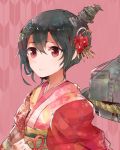  1girl alternate_hairstyle black_hair braid fusou_(kantai_collection) hair_ornament itomugi-kun japanese_clothes kantai_collection kimono long_hair red_eyes red_kimono rigging rope smile solo 