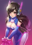  &gt;:) 1girl adapted_costume animal_print bare_shoulders bdsm blue_bodysuit blue_gloves blush bodysuit bondage bound bound_wrists bow breasts brown_eyes brown_hair bunny_print cleavage cleavage_cutout closed_mouth cowboy_shot d.va_(overwatch) dodo_huang elbow_gloves eyelashes facepaint glint gloves gradient gradient_background headgear highres leaning_forward legs_together long_hair looking_at_viewer medium_breasts overwatch pink_bow pink_lips sleeveless solo standing whisker_markings 