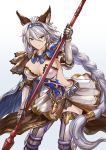  &gt;:) 1girl animal_ears armor armored_dress bangs braid breasts brown_eyes cleavage closed_mouth cowboy_shot dress erun_(granblue_fantasy) gauntlets granblue_fantasy hair_between_eyes hair_tubes hairband heles holding holding_weapon large_breasts leaning_forward long_hair looking_at_viewer low-tied_long_hair maekawa_yuichi polearm short_dress silver_hair single_braid solo spear swept_bangs thigh-highs very_long_hair weapon white_dress white_legwear 