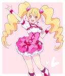  1girl :d blonde_hair blush boots choker cure_peach dress earrings eyelashes female fresh_precure! frilled_dress frills hair_ornament hairclip happy heart heart_earrings heart_hair_ornament jewelry knee_boots kneehighs kurochiroko long_hair looking_at_viewer magical_girl momozono_love open_mouth pink pink_background pink_dress pink_eyes pink_legwear precure puffy_sleeves ribbon smile solo standing twintails wrist_cuffs 