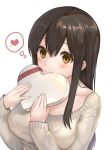  1girl akagi_(kantai_collection) black_hair blush breasts brown_eyes chocolate chocolate_heart collarbone commentary_request fukuroumori hair_between_eyes heart heart-shaped_box holding kantai_collection large_breasts long_hair long_sleeves looking_at_viewer simple_background smile solo spoken_heart sweater valentine white_background 