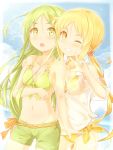  2girls absurdres arm_around_back bikini blonde_hair blush breasts brown_eyes camisole clouds collarbone cowboy_shot day eyebrows_visible_through_hair front-tie_top green_bikini_top green_eyes green_hair green_shorts grin hair_between_eyes hand_on_another&#039;s_arm head_tilt highres kantai_collection lens_flare long_hair looking_at_viewer low_twintails multiple_girls nagatsuki_(kantai_collection) navel one_eye_closed outdoors satsuki_(kantai_collection) see-through shorts side-tie_bikini sky small_breasts smile suzushiro_(gripen39) swimsuit twintails very_long_hair w yellow_bikini 