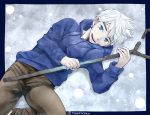  1boy blue_border blue_eyes border cane hood hoodie jack_frost_(rise_of_the_guardians) looking_at_viewer male_focus pale_skin rise_of_the_guardians smile solo staff torakichi_(ebitendon) twitter_username white_hair 