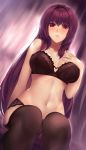  1girl bangs bare_arms bare_shoulders black_bra black_legwear black_panties bra breast_suppress breasts curtains dutch_angle fate/grand_order fate_(series) frilled_bra frills garter_straps hair_between_eyes hand_on_own_chest heart_cutout highres ian_wang indoors large_breasts long_hair navel panties parted_lips purple_hair red_eyes scathach_(fate/grand_order) sitting solo stomach thigh-highs underwear underwear_only very_long_hair 