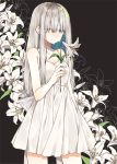  1girl bangs black_background blue_eyes breasts closed_mouth collarbone cowboy_shot crying crying_with_eyes_open dress floral_background flower hair_between_eyes holding holding_flower lily_(flower) long_hair looking_down original oshio_(dayo) silver_hair small_breasts solo sundress tears white_dress white_flower 
