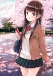  1girl absurdres brown_eyes brown_hair cellphone cherry_blossoms fujita_hidetoshi hair_ornament hairpin happy highres long_hair phone school_uniform solo 