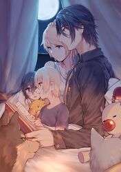  2boys 2girls :d absurdres animal aqua_eyes bare_shoulders bedroom black_hair black_shirt blanket blue_eyes blush book braid chocobo collarbone collared_shirt crescent crown_braid curtains dog dress_shirt eyebrows_visible_through_hair family final_fantasy final_fantasy_xv from_side full_moon hair_between_eyes hetero highres holding holding_book husband_and_wife if_they_mated indoors jewelry long_sleeves lunafreya_nox_fleuret moogle moon multiple_boys multiple_girls necklace night night_sky noctis_lucis_caelum on_bed open_book open_mouth pendant pillow profile pryna_(ff15) reading scar shirt short_sleeves siblings sitting sky sleeveless smile star_(sky) stuffed_animal stuffed_bird stuffed_toy t-shirt umbra_(ff15) window yorukun 