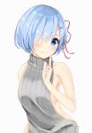  1girl alternate_costume backless_outfit bangs bare_shoulders blue_eyes blue_hair blush breasts closed_mouth collarbone dress finger_to_mouth grey_dress grey_sweater gyoza_aniki hair_ornament hair_over_one_eye hair_ribbon halterneck hand_to_head hand_up highres index_finger_raised looking_at_viewer medium_breasts naked_sweater no_bra open-back_dress re:zero_kara_hajimeru_isekai_seikatsu rem_(re:zero) ribbed_sweater ribbon short_hair sideboob simple_background sleeveless sleeveless_turtleneck smile solo sweater sweater_dress turtleneck turtleneck_sweater upper_body virgin_killer_sweater white_background x_hair_ornament 