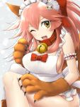  1girl animal_ears apron bell bell_collar breasts collar fate/grand_order fate_(series) fox_ears fox_tail hair_ribbon large_breasts long_hair looking_at_viewer mo253 naked_apron one_eye_closed open_mouth paws pink_hair ribbon sideboob solo tail tamamo_(fate)_(all) tamamo_cat_(fate) yellow_eyes 