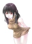  1girl aran_sweater backless_outfit bangs bare_shoulders black_hair blush breasts brown_sweater clothes_pull cowboy_shot dress hair_between_eyes halterneck kojika_(hodohodoni) leaning_forward looking_at_viewer medium_breasts naked_sweater open-back_dress original parted_lips red_eyes ribbed_sweater sidelocks simple_background smile solo sweater sweater_dress sweater_pull thighs turtleneck turtleneck_sweater twintails virgin_killer_sweater white_background 