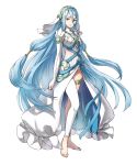  1girl anklet aqua_(fire_emblem_if) artist_request asymmetrical_legwear bare_shoulders barefoot blue_hair blue_ribbon breasts detached_sleeves dress feet fingerless_gloves fire_emblem fire_emblem_heroes fire_emblem_if gem gloves headband highres jewelry light_smile lips long_hair looking_to_the_side medium_breasts official_art pendant ribbon sidelocks solo strapless strapless_dress thighlet toes transparent_background veil very_long_hair white_dress white_legwear yellow_eyes 