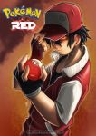  1boy adjusting_clothes adjusting_hat baseball_cap black_hair character_name commentary copyright_name fingerless_gloves gloves glowing glowing_eyes hat hat_over_one_eye holding holding_poke_ball male_focus poke_ball pokemon pokemon_(game) pokemon_rgby pokemon_sm red_(pokemon) red_(pokemon)_(classic) red_(pokemon)_(sm) red_eyes serious shirt short_hair solo t-shirt theofilus_ray watermark web_address 