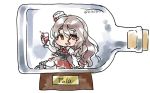  1girl alcohol blush boots bottle bow bowtie breasts brown_eyes cork corset cup drinking_glass drunk grey_hair hair_between_eyes hat holding_glass in_bottle in_container kantai_collection long_hair long_sleeves looking_at_viewer mini_hat open_mouth plaque pola_(kantai_collection) seshiya shirt sitting skirt smile solo thigh-highs twitter_username wavy_hair white_legwear white_shirt wine wine_glass 