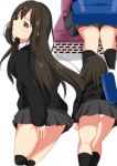  black_legwear black_skirt black_sweater brown_hair green_eyes highres idolmaster idolmaster_cinderella_girls long_hair nemo_1988 panties pantyshot school_uniform shibuya_rin sitting skirt solo sweater underwear 