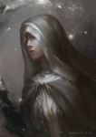  1girl artist_name cloak commentary dark_souls_iii grey_background grey_eyes high_collar highres hood jlien- light_particles lips looking_away nose nun one_eye_covered parted_lips short_hair sister_friede souls_(from_software) upper_body 