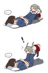  ! &gt;:&gt; &gt;:o ... 0_0 2girls :o betchan brown_hair closed_eyes commentary_request crossed_arms grey_hair highres kaga_(kantai_collection) kantai_collection lying multiple_girls on_back pillow side_ponytail simple_background spoken_ellipsis twintails white_background zuikaku_(kantai_collection) 