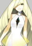  1girl 2016 aether_foundation asymmetrical_bangs bangs bare_arms bare_shoulders beast_ball blonde_hair blunt_bangs breasts closed_mouth dated diamond_(shape) dress eyelashes facing_viewer gem green_eyes grey_background hair_over_one_eye highres holding holding_poke_ball light_smile long_hair lusamine_(pokemon) medium_breasts npc npc_trainer poke_ball pokemon pokemon_(game) pokemon_sm sawaco_(sawaco520) see-through short_dress signature simple_background solo standing turtleneck very_long_hair white_dress 