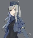  1girl blue_eyes cropped_jacket garrison_cap grey_background hat kantai_collection long_hair long_sleeves military military_uniform puffy_long_sleeves puffy_sleeves signature silver_hair snorkel solo taka_(vert_320) u-511_(kantai_collection) uniform upper_body 