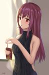 1girl bare_shoulders black_sweater breasts chyt fate/grand_order fate_(series) food long_hair no_bra pocky purple_hair red_eyes scathach_(fate/grand_order) solo sweater virgin_killer_sweater