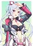  1girl arm_up armor bangs belt black_bra blue_hair blush bra breasts cleavage eyebrows_visible_through_hair gem gradient gradient_background hair_rings large_breasts long_hair long_sleeves looking_at_viewer matoi_(pso2) milkpanda open_mouth phantasy_star phantasy_star_online_2 polka_dot polka_dot_background red_eyes smile solo teeth underwear upper_body very_long_hair white_border 