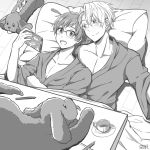  2boys big_cat_shan cellphone cup dog glasses greyscale japanese_clothes katsuki_yuuri kotatsu lying makkachin male_focus monochrome multiple_boys on_back open_mouth pencil phone pillow smartphone smile table teacup tissue_box viktor_nikiforov yuri!!!_on_ice 