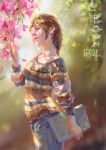  1girl arm_up artist_name blurry book brown_hair closed_mouth day denim flower highres holding holding_book horizontal_stripes jeans lips long_hair nature original outdoors pants shengyi_sun solo standing striped striped_sweater sunlight sweater translation_request 