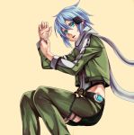  1girl belt blue_hair chaps from_side green_eyes grey_scarf hair_between_eyes hair_ornament long_sleeves looking_at_viewer looking_to_the_side parted_lips scarf shimozuki_shio shinon_(sao) short_hair short_shorts shorts solo sword_art_online 