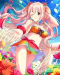  1girl artist_request breasts brown_eyes cleavage flower hair_ornament headset hibiscus idolmaster idolmaster_cinderella_girls jewelry lace midriff necklace official_art one_eye_closed palm_tree petals pink_hair ribbon rose saionji_kotoka skirt solo tree twintails 