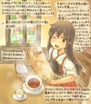  1girl ;d akagi_(kantai_collection) brown_eyes brown_hair commentary_request cup curry dated food hakama holding holding_food japanese_clothes kantai_collection kirisawa_juuzou long_hair muneate nontraditional_miko numbered one_eye_closed open_mouth red_hakama sitting smile solo tasuki teacup traditional_media translation_request twitter_username 