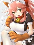  1girl alternate_costume animal_ears apron bell bell_collar breasts collar enmaided fate/grand_order fate_(series) fox_ears fox_tail hair_ribbon large_breasts long_hair looking_at_viewer maid maid_apron maid_headdress mo253 open_mouth paws pink_hair ribbon solo tail tamamo_(fate)_(all) tamamo_cat_(fate) thigh-highs white_legwear yellow_eyes 